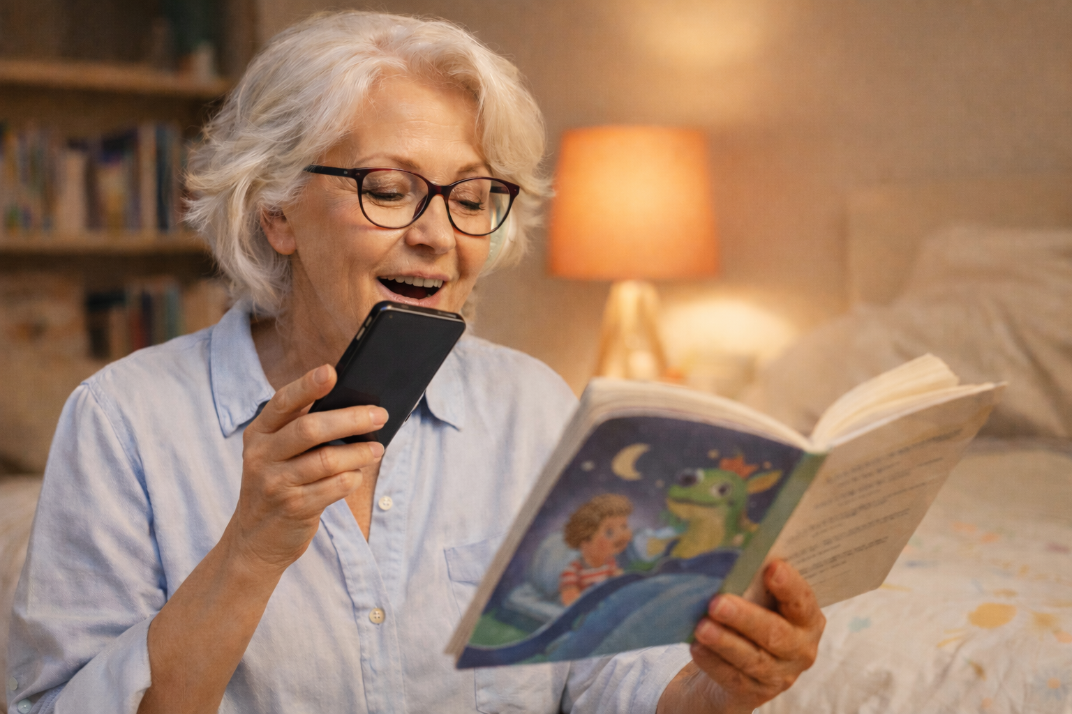 Abuela grabando un mensaje para una tarjeta Ruko